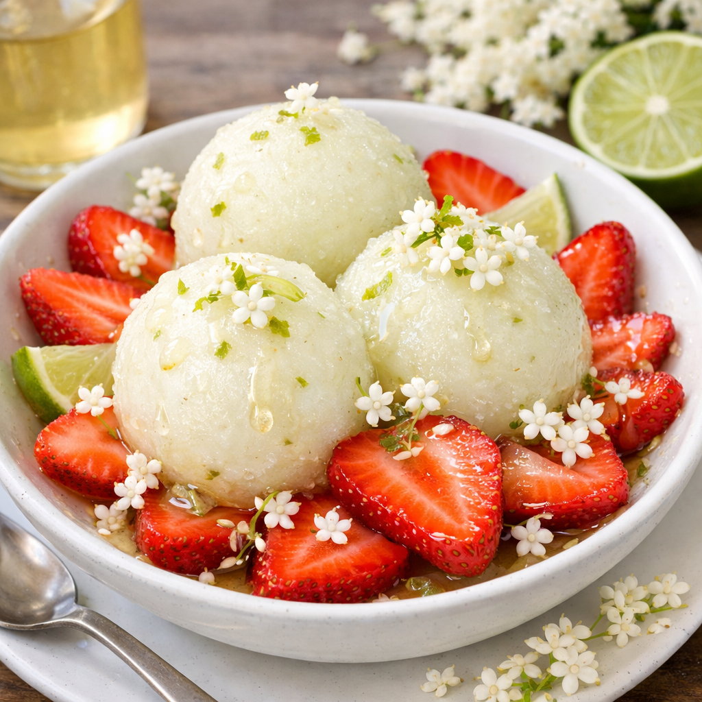Holunderblüten-Limetten-Sorbet mit frischen Erdbeeren und Holunderblütensirup
